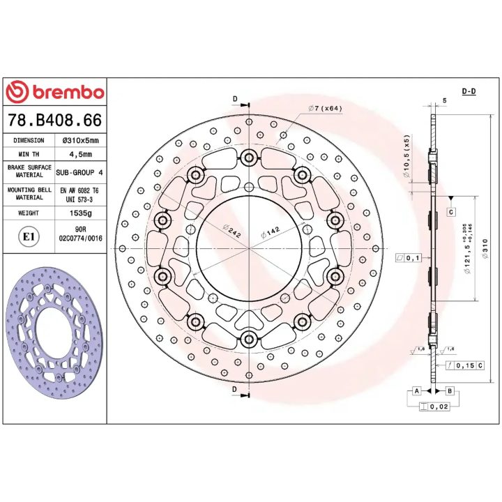 Bremsskive Flydende Serie Oro Prime Line Boret Rustfrit Stål BREMBO – billede 2