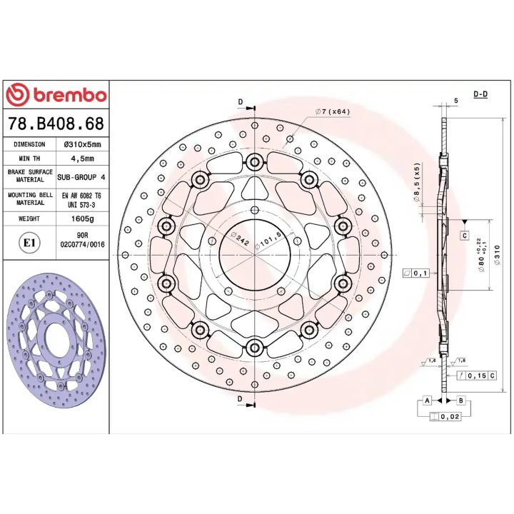 Bremsskive Flydende Serie Oro Prime Line Boret Rustfrit Stål BREMBO – billede 2