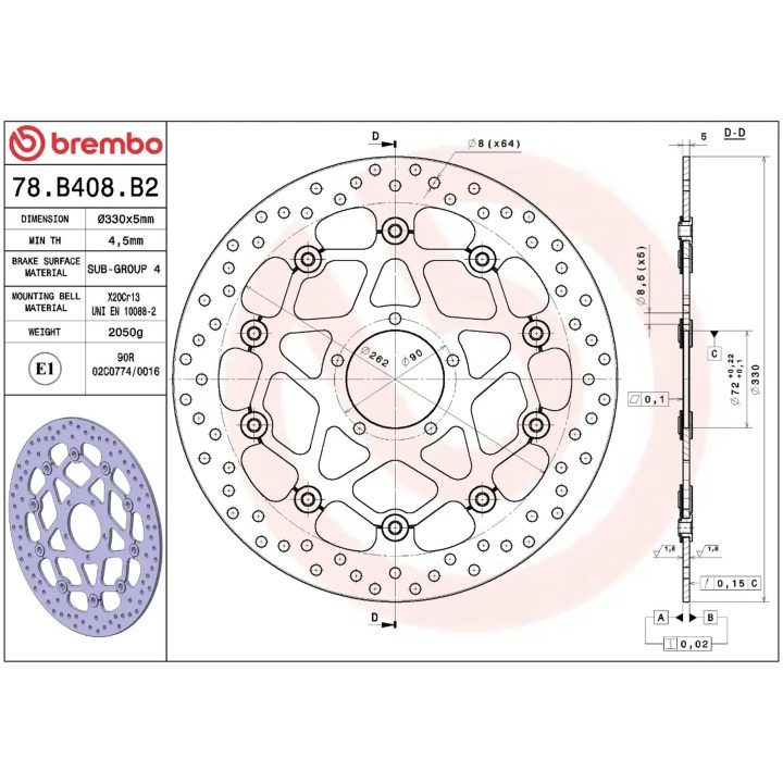 Bremsskive Flydende Serie Oro Prime Line Boret Rustfrit Stål BREMBO – billede 2
