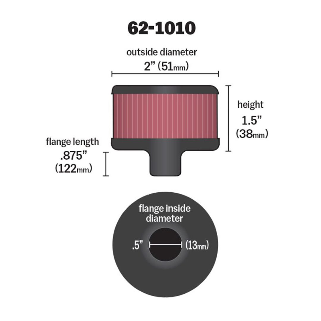 Krumtaphusventil Filter Standard Sort/Krom/Rød K & N 1/2" - 1 1/2" – billede 3