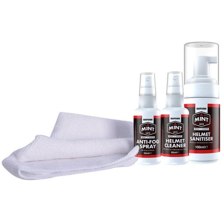 Plejesæt MC-Hjelm Hvid/Klar OXFORD 1x Hjelmdesinfektionsmiddel 1x Hjelmrengøring 1x Anti-Fog Spray 1x Mikrofiberklud – billede 2