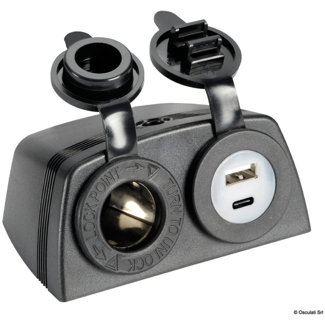 Udtage Lighter + USB-A + USB-C med hylster Osculati