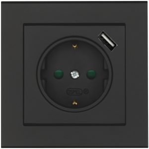 Vægstik Optima, 1-vejs med 1 stk. USB-stik, Sort MALMBERGS